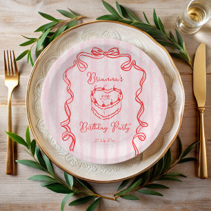 Cherry cake pink coquette bow birthday party paper plate