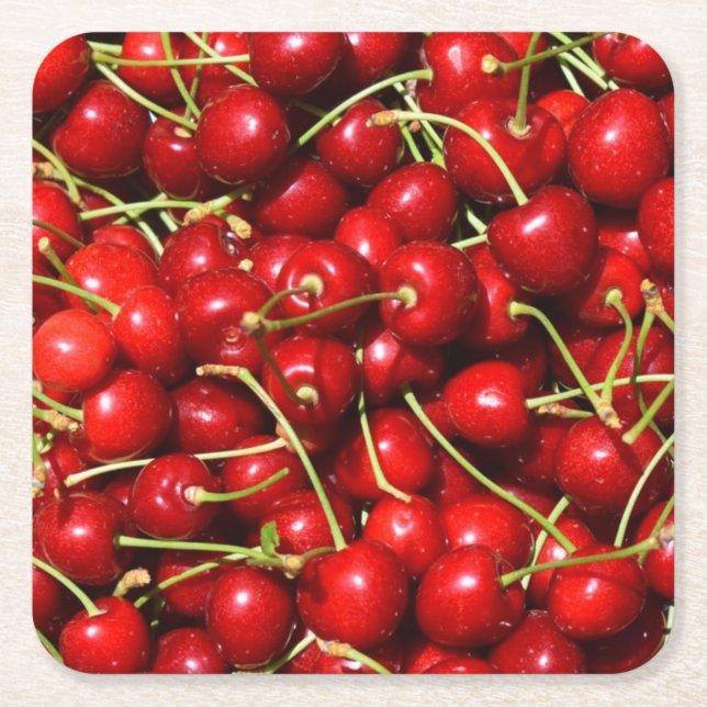 Cherry Cherries Red Square Paper Coaster (Front)