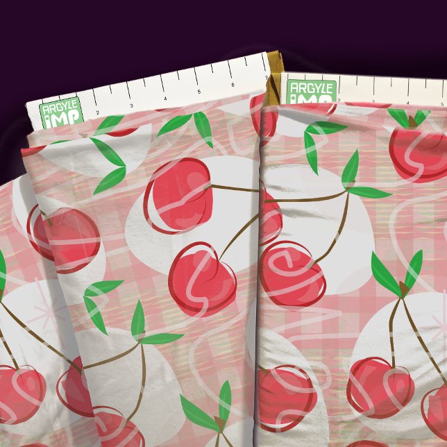 Cherry Cherry Gingham Fabric (close-up with ruler)