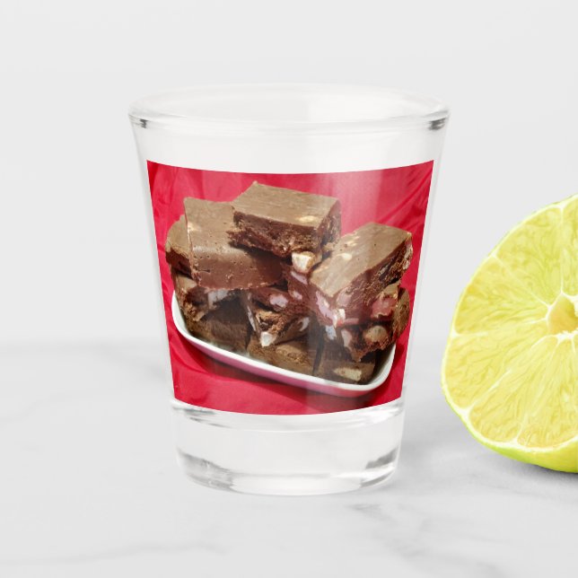 Cherry Chocolate Marshmallow Fudge On A Plate Shot Glass (Front)