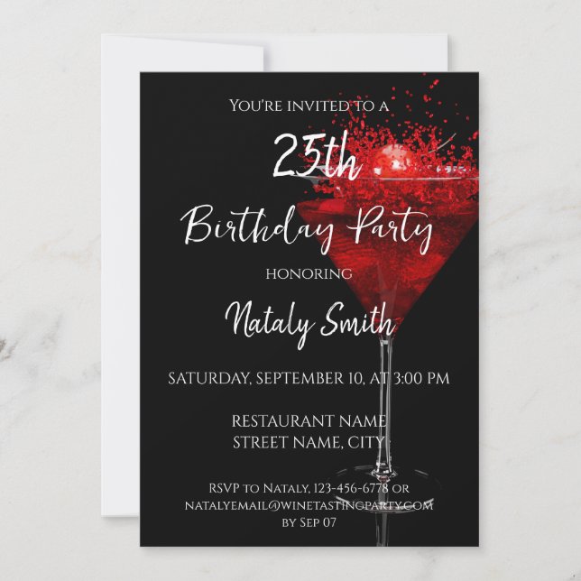 Cherry cocktail on black invitation (Front)