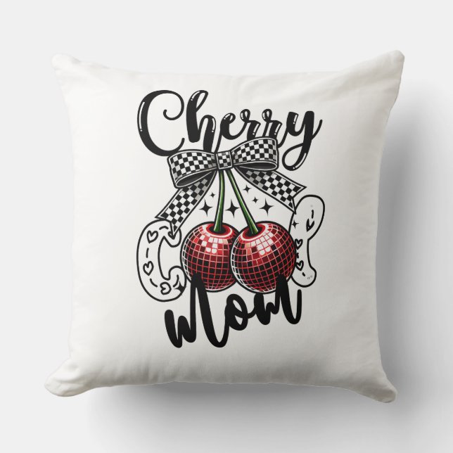 Cherry Cool Mum Red Disco Cherries Chequered Bow Cushion (Front)