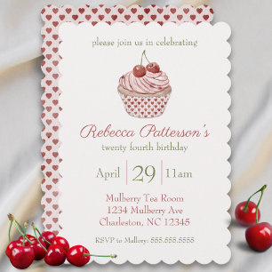 Cherry Coquette Cupcake Watercolor Birthday Party Invitation