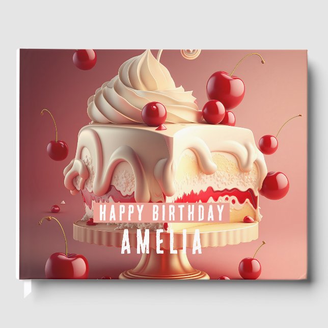 Cherry cream Birthday Cake Birthdays Guest Book (Front)