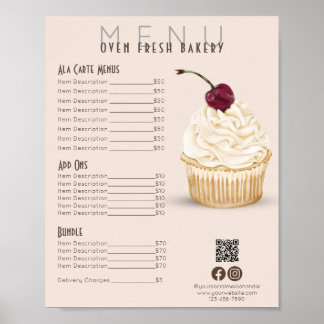 Cherry Cupcake Blush Menu Bakery Price List Poster