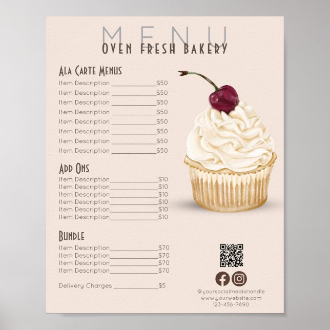 Cherry Cupcake Blush Menu Bakery Price List Poster (Front)