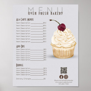 Cherry Cupcake Grey Menu Bakery Price List Poster