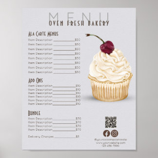 Cherry Cupcake Grey Menu Bakery Price List Poster