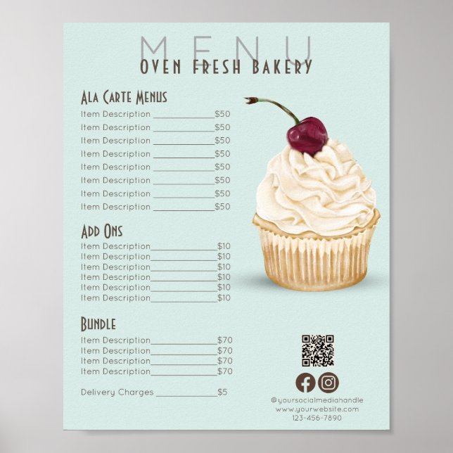 Cherry Cupcake Mint Green Menu Bakery Price List Poster (Front)