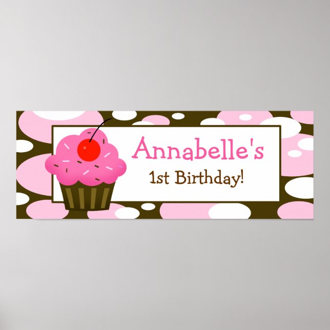 Cherry Cupcake Personalized Birthday Banner Poster (Front)