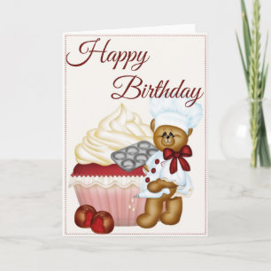 Cherry Cupcake w/Bear Baker Happy Birthday Card