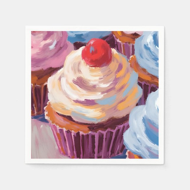 Cherry Cupcakes Happy Birthday Party Napkin (Front)