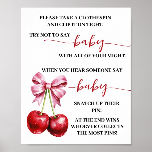 Cherry Don't Say Baby Clothespin Shower Game Poster (Front)