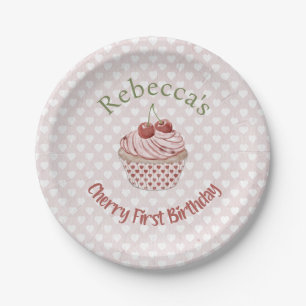 Cherry First Birthday Coquette Watercolor Cupcake Paper Plate