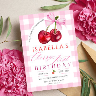 Cherry First Birthday Girl 1st Fruit Bow Birthday Invitation