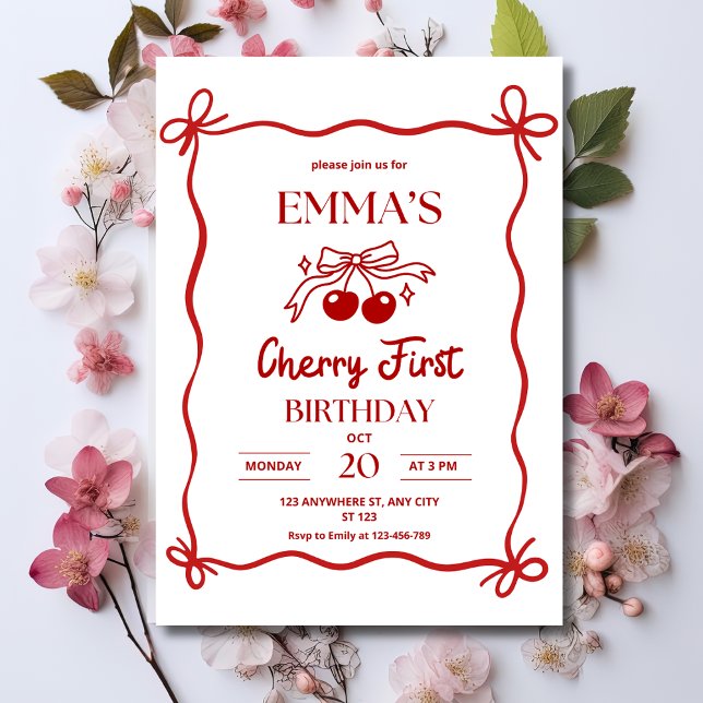 Cherry First Birthday Invitation, Red Bow Berries Invitation (Creator Uploaded)