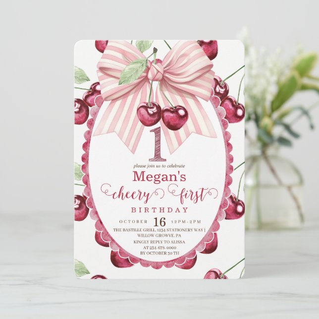 Cherry First Birthday Party Bow 1st Birthday Invitation (Standing Front)