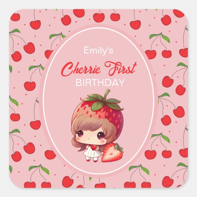 CHERRY First Birthday Party Invitation Square Sticker (Front)