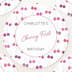 Cherry First Birthday Personalised Watercolor Classic Round Sticker