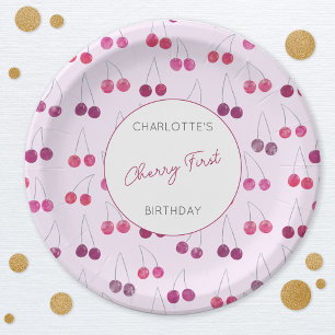 Cherry First Birthday Personalised Watercolor Pink Paper Plate