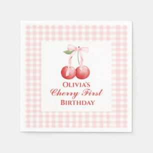Cherry first birthday Pink Bow Gingham Napkin