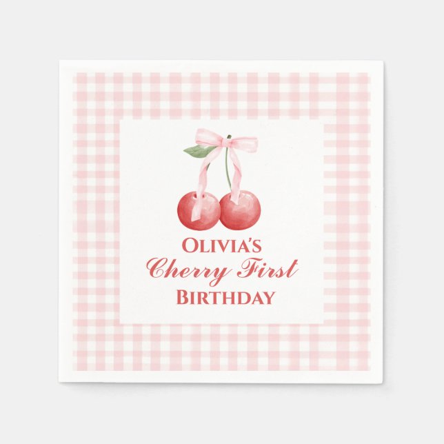 Cherry first birthday Pink Bow Gingham Napkin (Front)