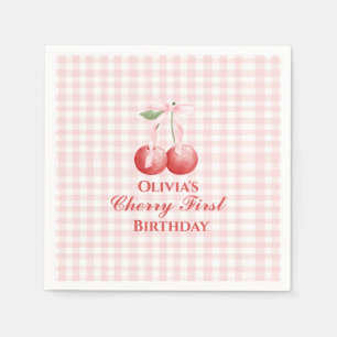 Cherry first birthday Pink Bow Gingham Napkin