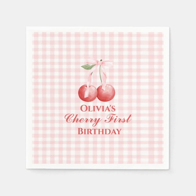 Cherry first birthday Pink Bow Gingham Napkin (Front)