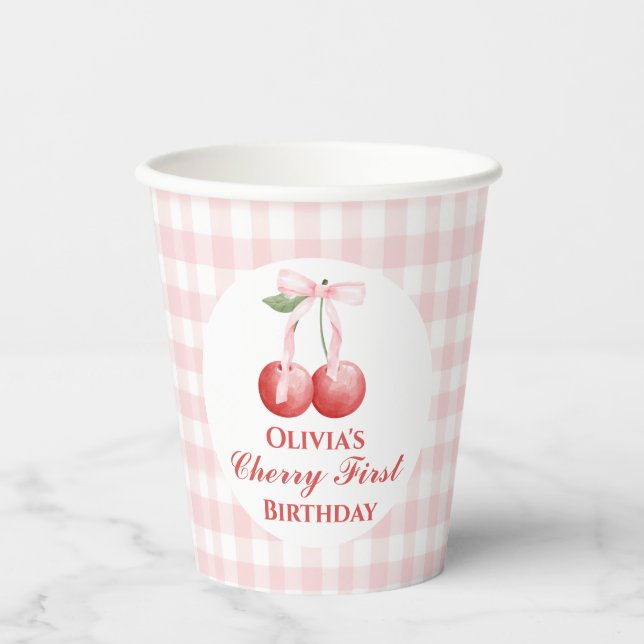 Cherry first birthday Pink Bow Gingham Paper Cups (Front)