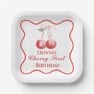 Cherry first birthday Pink Bow Gingham Paper Plate