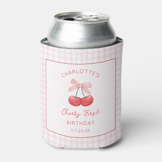 Cherry First Birthday Pink Gingham Girls One Year  Can Cooler (Can Front)