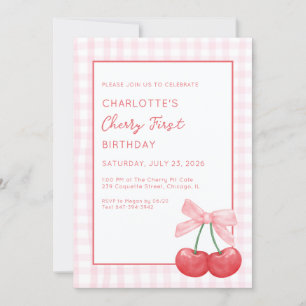 Cherry First Birthday Pink Gingham Girls One Year  Invitation