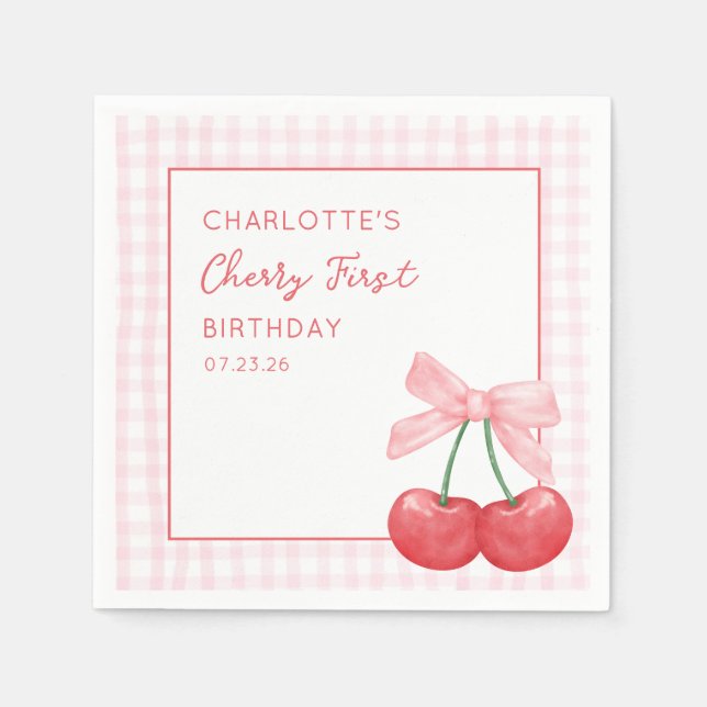 Cherry First Birthday Pink Gingham Girls One Year  Napkin (Front)