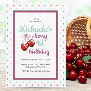 Cherry First Birthday Polka Dot Theme Invitation