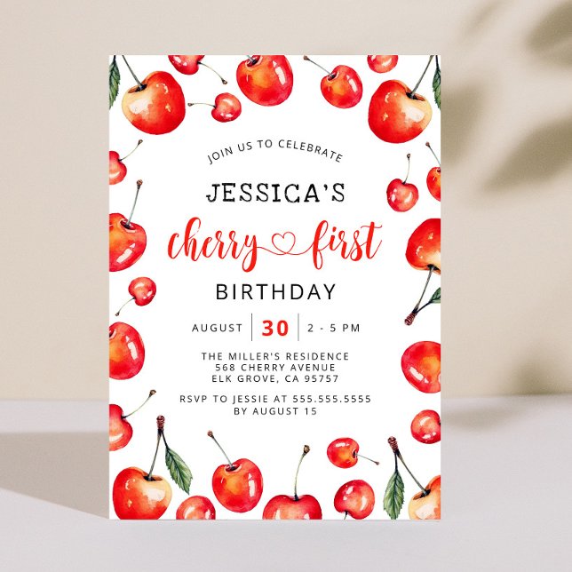 Cherry First Birthday Red Cherry 1st Birthday Invitation (Creator Uploaded)