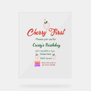 cherry first birthday red qr code bold retro green acrylic sign