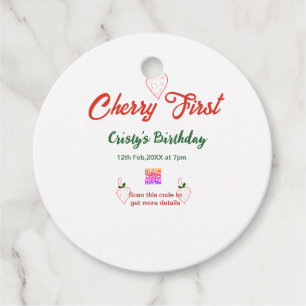 cherry first birthday red qr code bold retro green favour tags