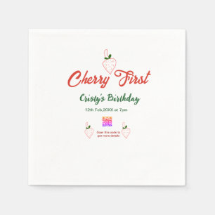 cherry first birthday red qr code bold retro green napkin