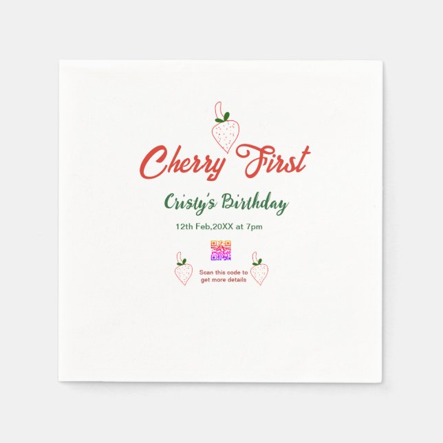 cherry first birthday red qr code bold retro green napkin (Front)