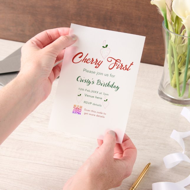 cherry first birthday red qr code bold retro green vellum invitations (Handheld)