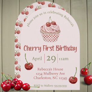 Cherry First Birthday Watercolor Coquette Cupcake Invitation