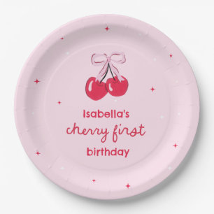 Cherry First Birthday with Pink Preppy Bow Paper Plate