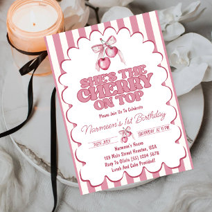 Cherry First Coquette Girls 1st Birthday Invitation
