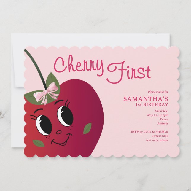 Cherry First Girl Cute Cartoon Sweet 1st Birthday Invitation (Front)