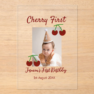 Cherry first happy birthday photo kids modern red acrylic invitations