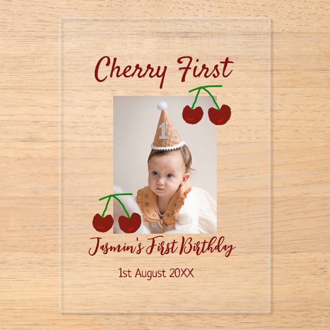 Cherry first happy birthday photo kids modern red acrylic invitations (Front)