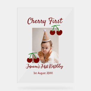 Cherry first happy birthday photo kids modern red acrylic sign