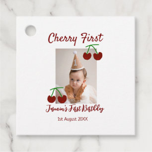 Cherry first happy birthday photo kids modern red favour tags