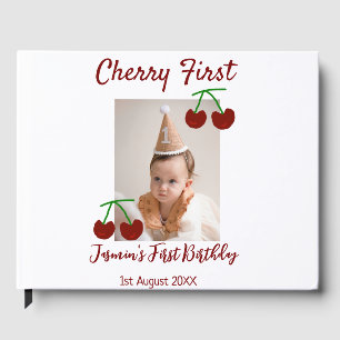 Cherry first happy birthday photo kids modern red guest book