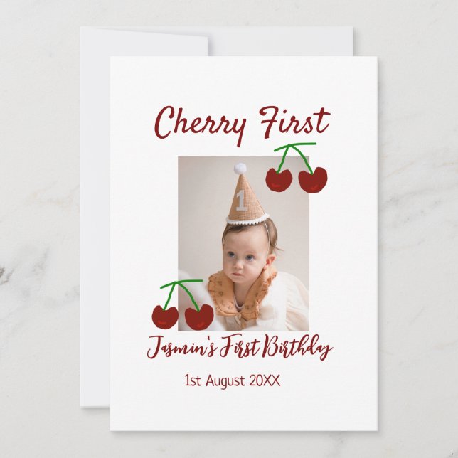 Cherry first happy birthday photo kids modern red invitation (Front)